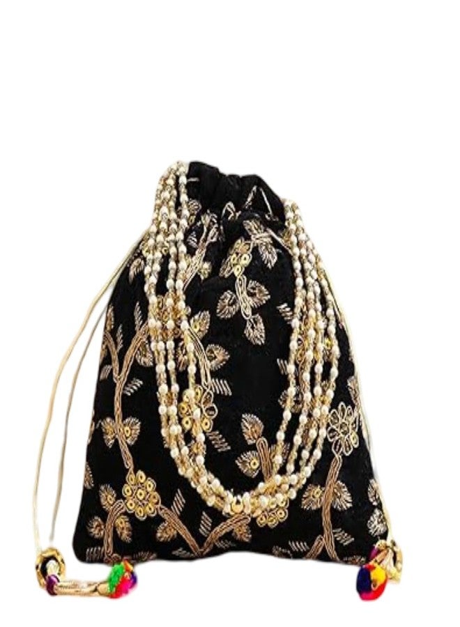 Floweraura Handcrafted Stylish Black Golden Embroidered Pearl Potli Bag for Diwali Gift, Karwa Chauth Gift & Gift for Wife, Sister, Mother, Friends, Colleagues, Girlfriend - Image 1